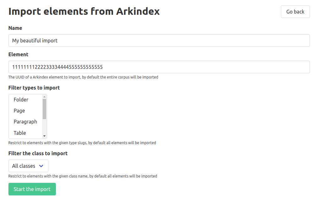 ArkindexImport frontend form